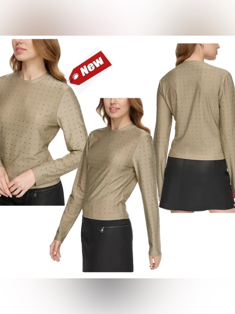 DKNY JEANS Green Women's Studded Crewneck Long-Sleeve Top Sz L NWT